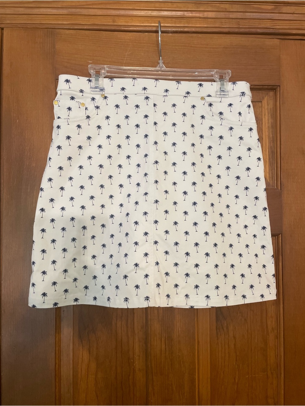 Hearts of Palm Women’s White Skort Navy Palm Print Gold Pocket Detail, Size 10